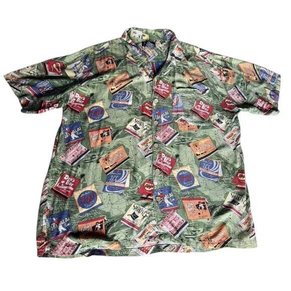 Vintage K.A.D. Men's Sz XL Green Button Up Camp Hawaiian Bowling Print Shirt - Picture 11 of 11